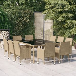 Set Da Pranzo Per Giardino 11 Pz In Polyrattan Beige