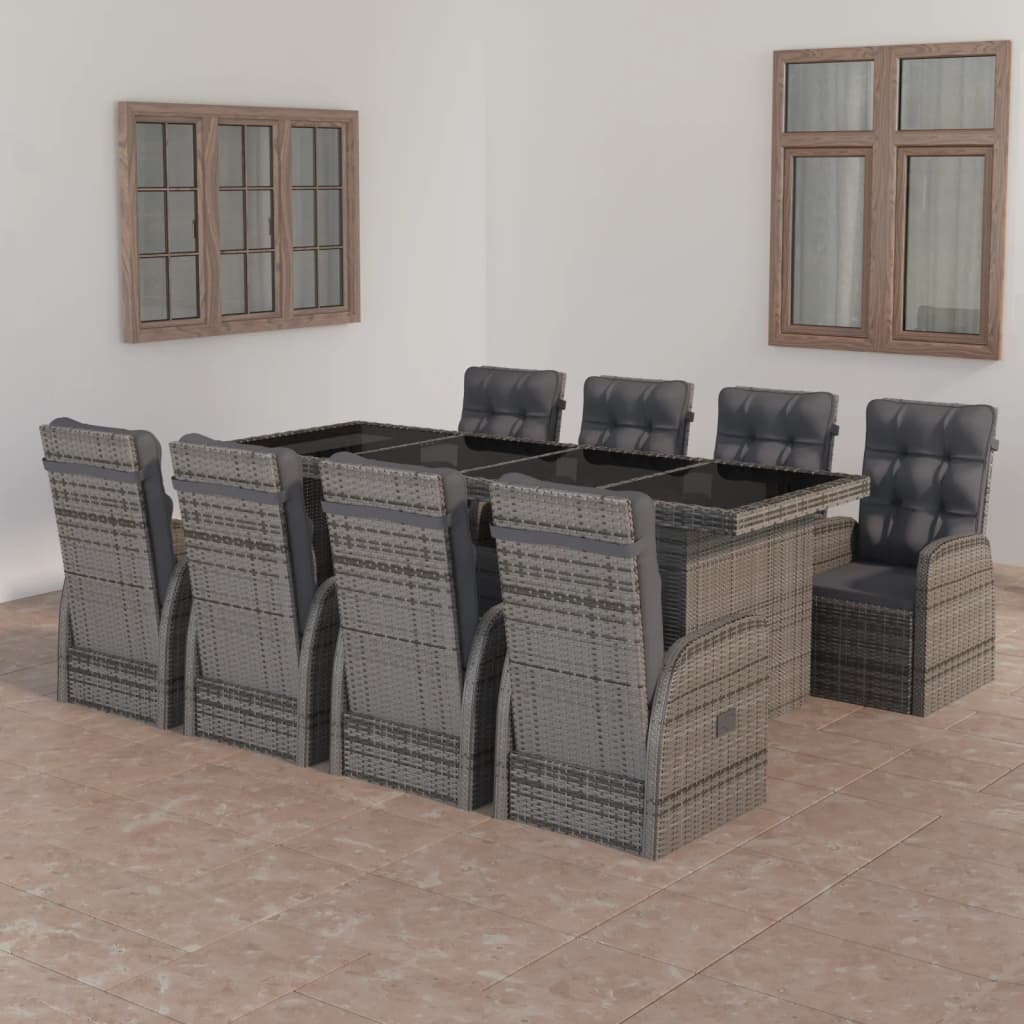 Set Da Pranzo Da Esterno 9 Pz Con Cuscini In Polyrattan Grigio