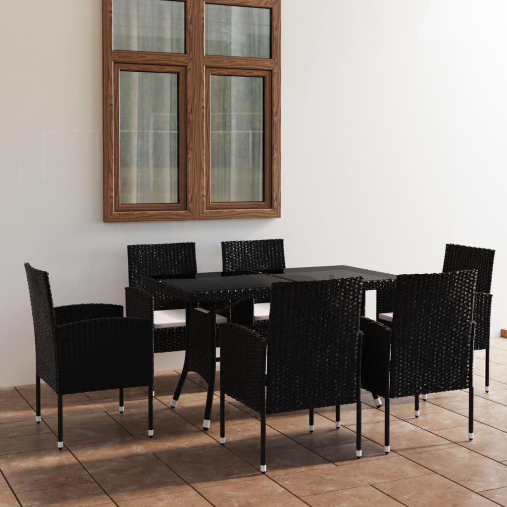 Set Mobili Da Pranzo Per Giardino 7 Pz In Polyrattan Nero