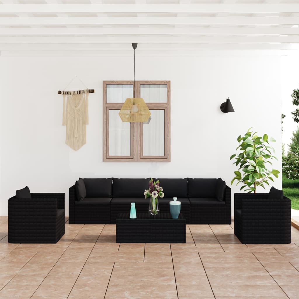 Set Divani Da Giardino 7 Pz Con Cuscini In Polyrattan Nero