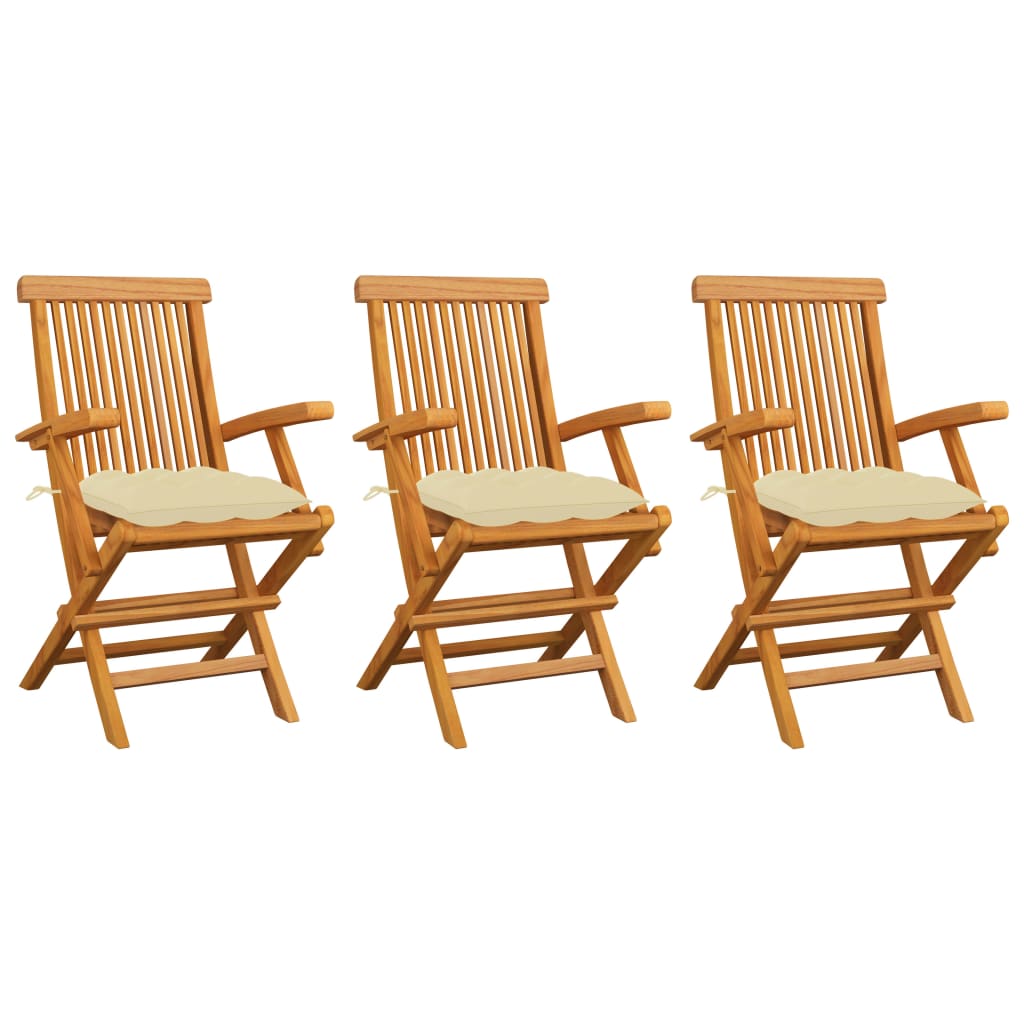 Sedie Giardino 3pz Con Cuscini Bianco Crema Legno Massello Teak