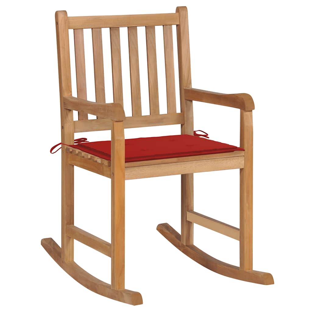 Sedia A Dondolo Con Cuscino Rosso In Massello Di Teak