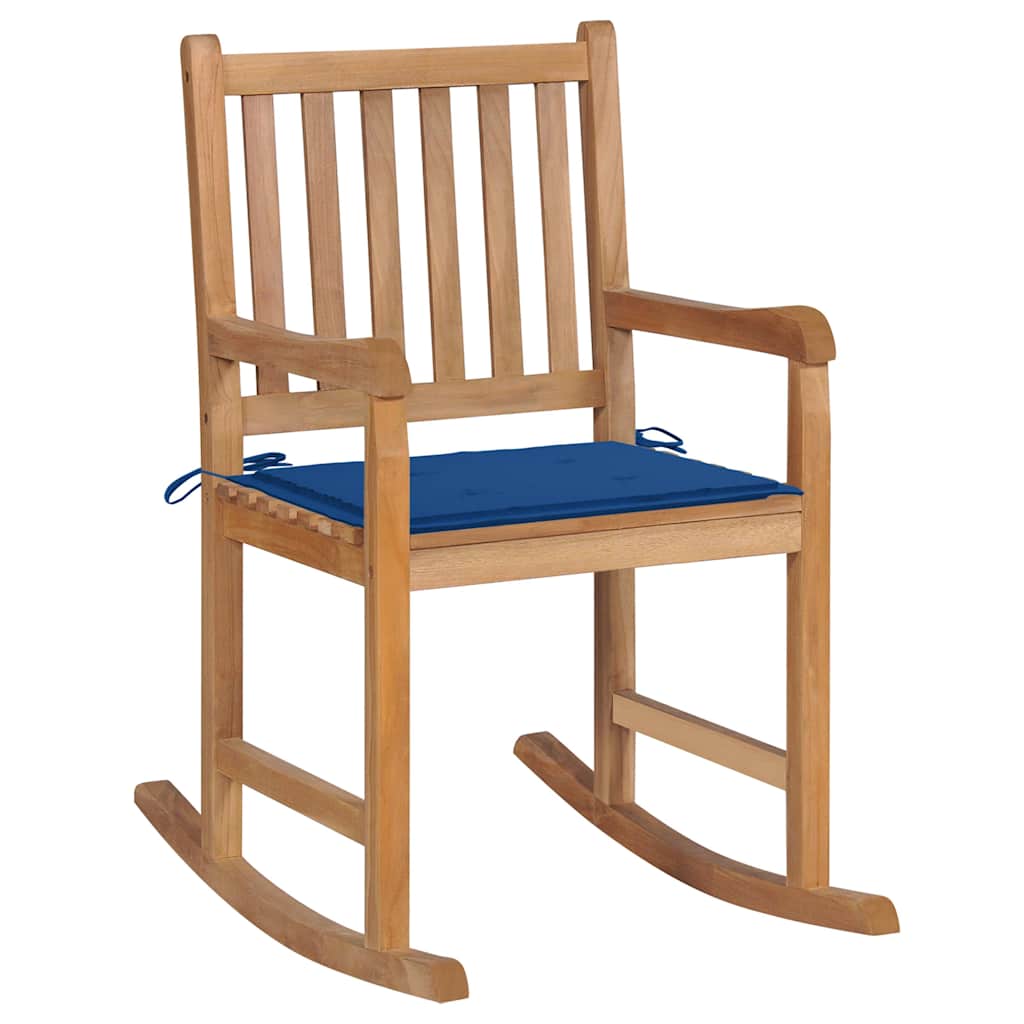 Sedia A Dondolo Con Cuscino Blu Reale In Massello Di Teak