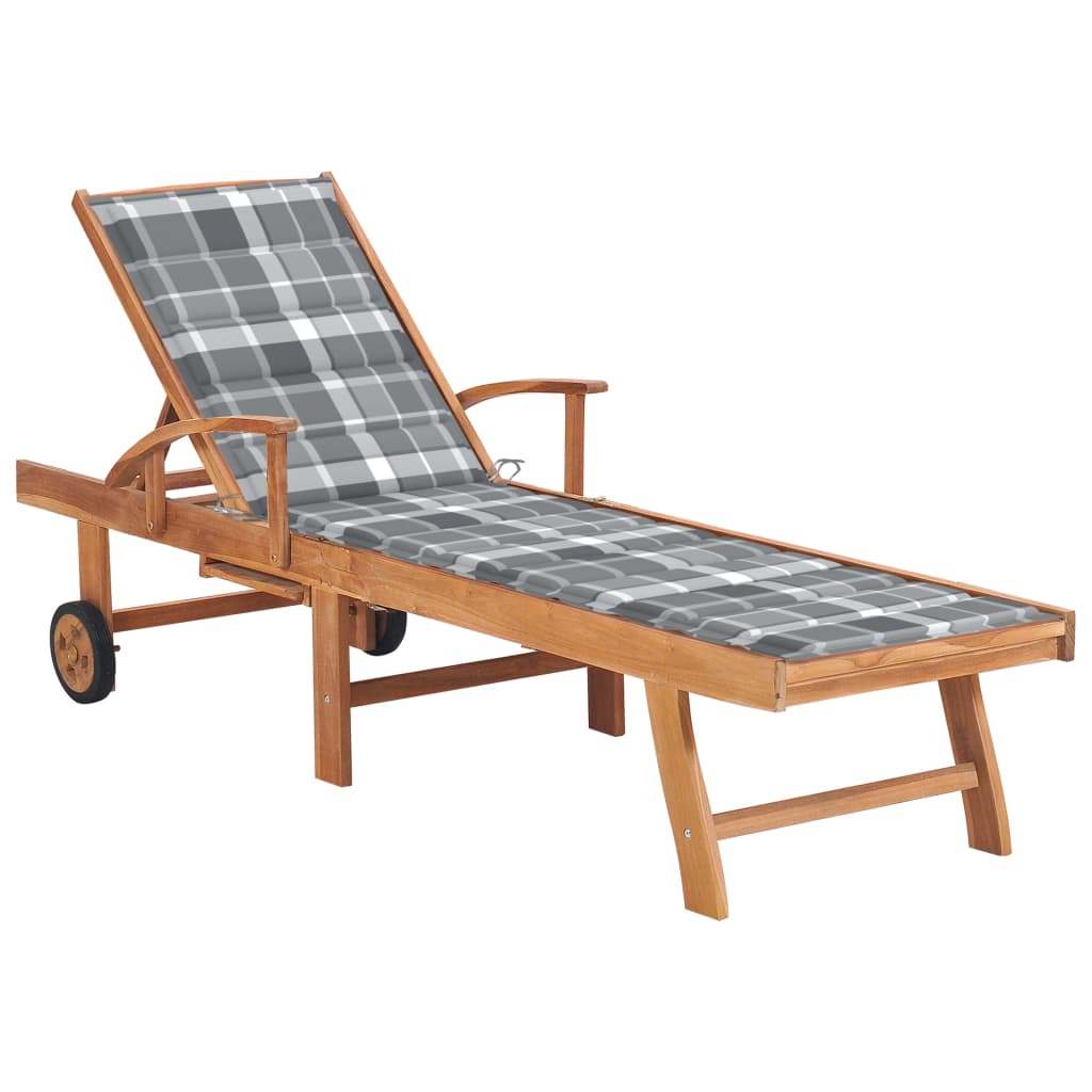 Lettino Prendisole Con Cuscino Grigio A Quadretti Legno Di Teak