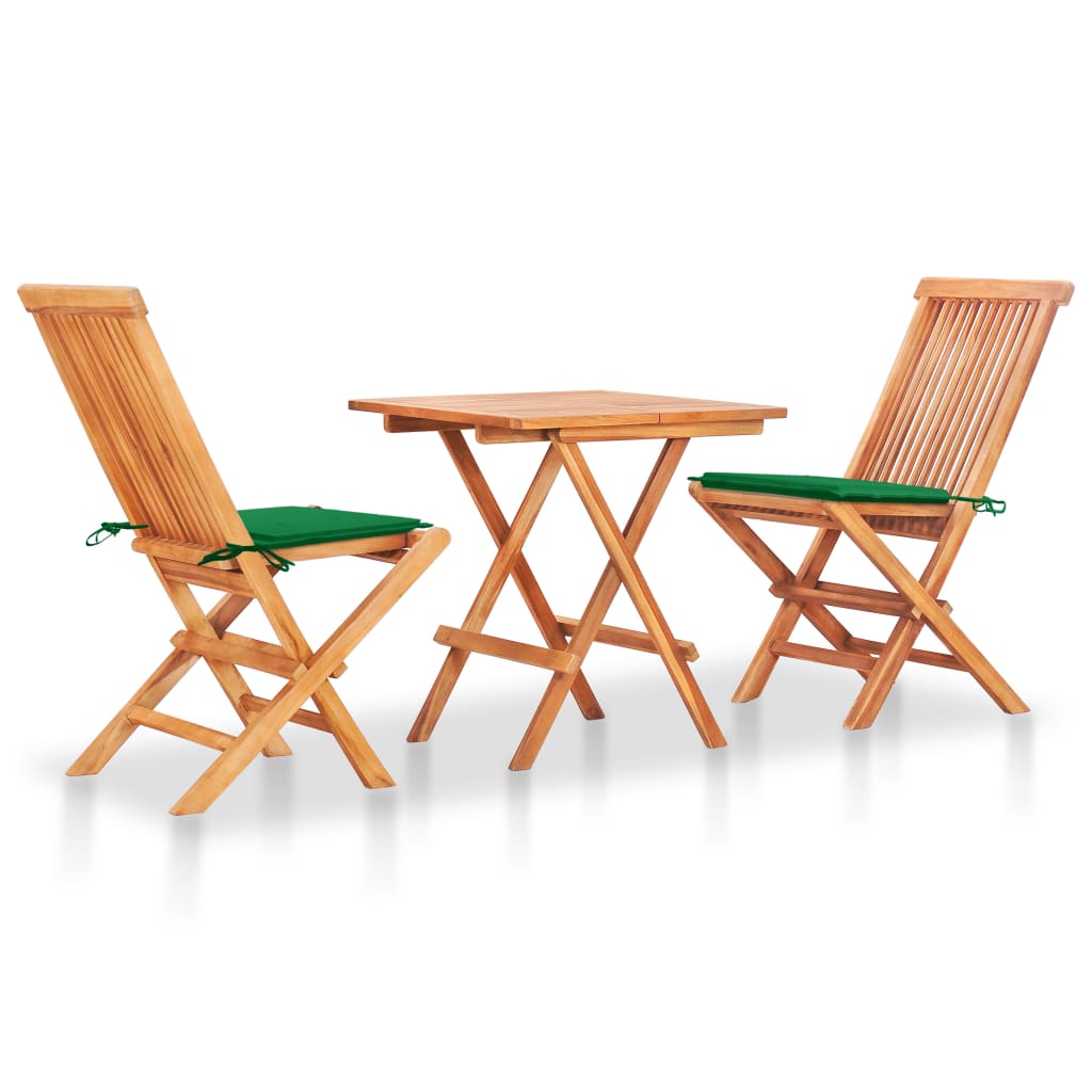 Set Da Bistrot 3 Pz Con Cuscini Verdi In Legno Massello Di Teak