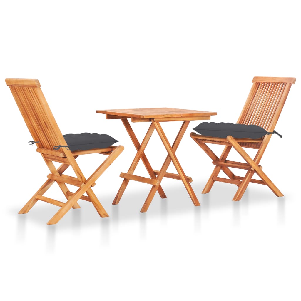 Set Da Bistrot 3 Pz Con Cuscini Antracite In Massello Di Teak