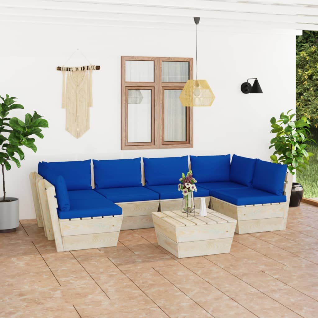 Set Divani Da Giardino Su Pallet 7 Pz Con Cuscini Legno Abete