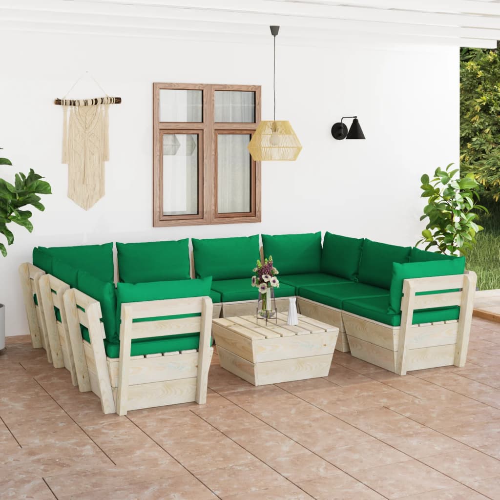 Set Divani Da Giardino Su Pallet 9 Pz Con Cuscini Legno Abete