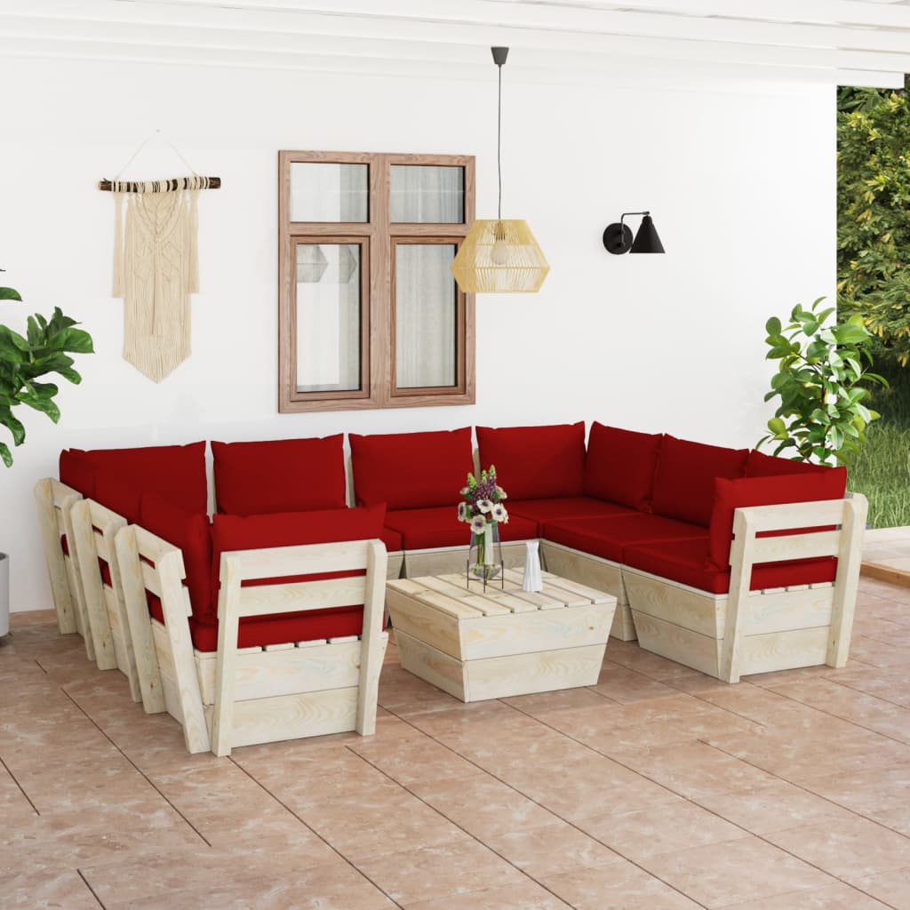 Set Divani Da Giardino Su Pallet 9 Pz Con Cuscini Legno Abete