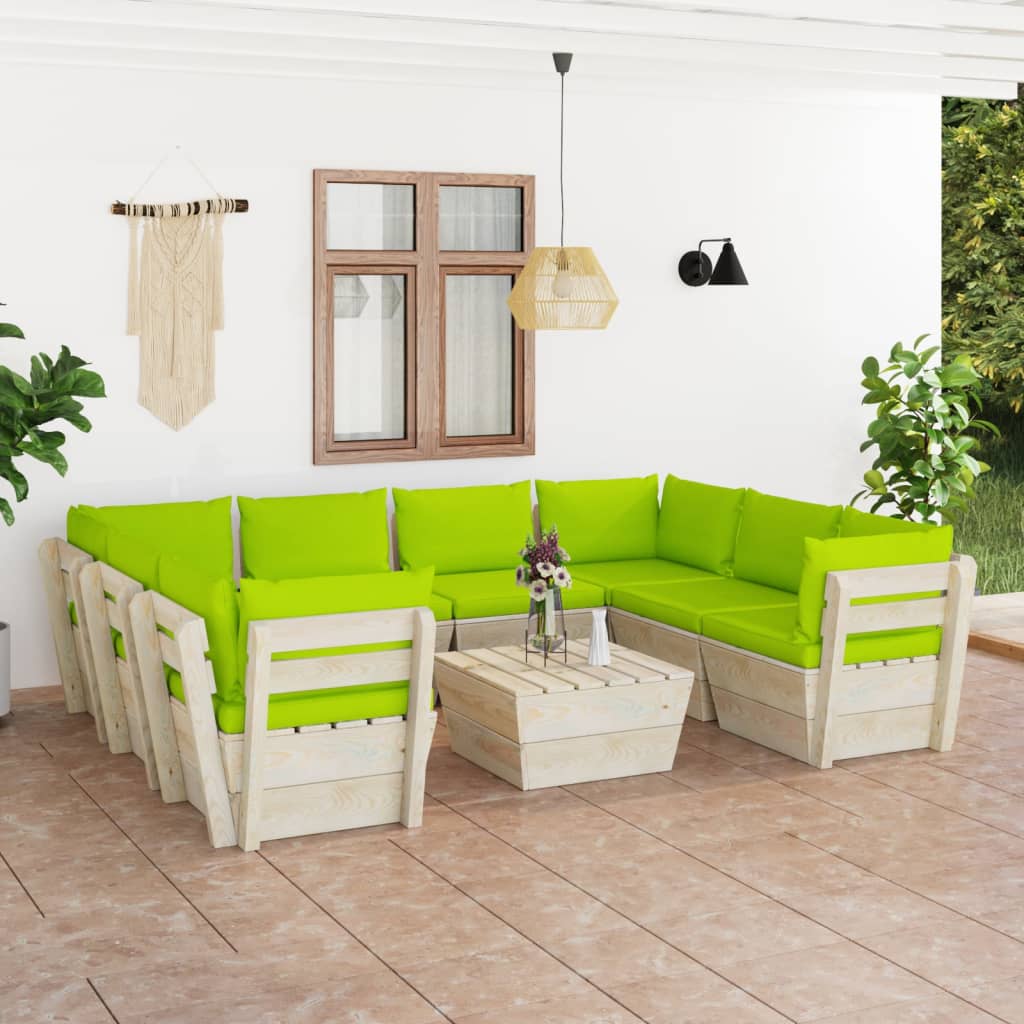 Set Divani Da Giardino Su Pallet 9 Pz Con Cuscini Legno Abete