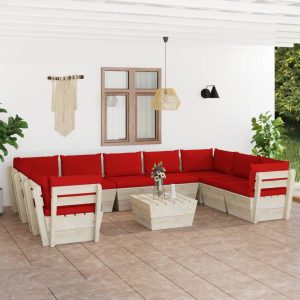 Set Divani Da Giardino Su Pallet 10 Pz Con Cuscini Legno Abete