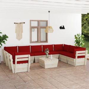 Set Divani Da Giardino Su Pallet 10 Pz Con Cuscini Legno Abete