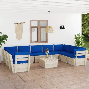 Set Divani Da Giardino Su Pallet 10 Pz Con Cuscini Legno Abete