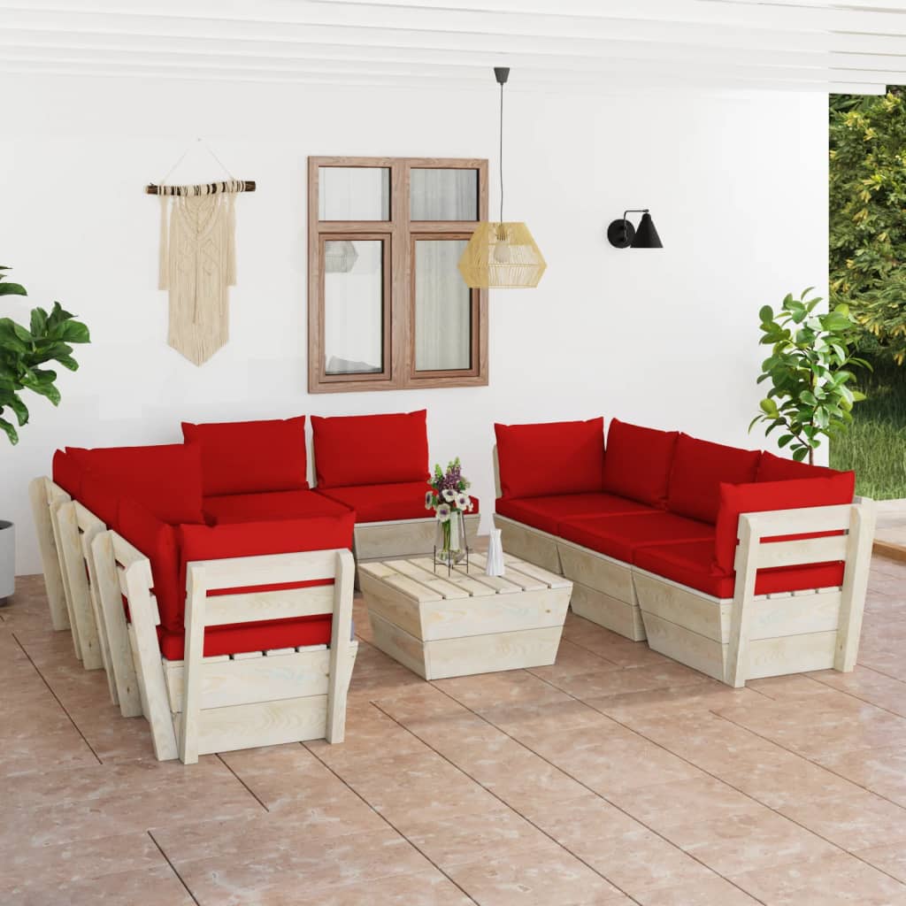 Set Divani Da Giardino Su Pallet 9 Pz Con Cuscini Legno Abete