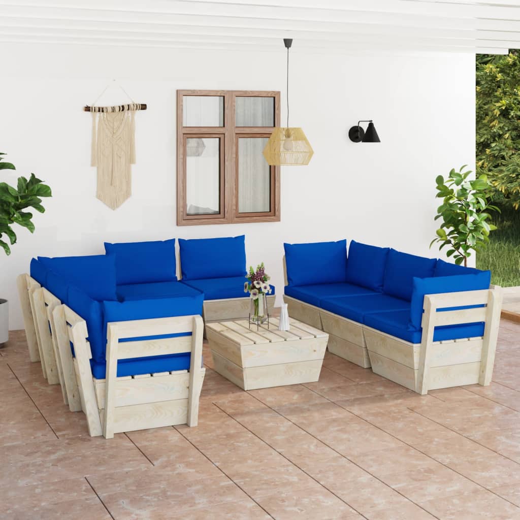 Set Divani Da Giardino Su Pallet 9 Pz Con Cuscini Legno Abete
