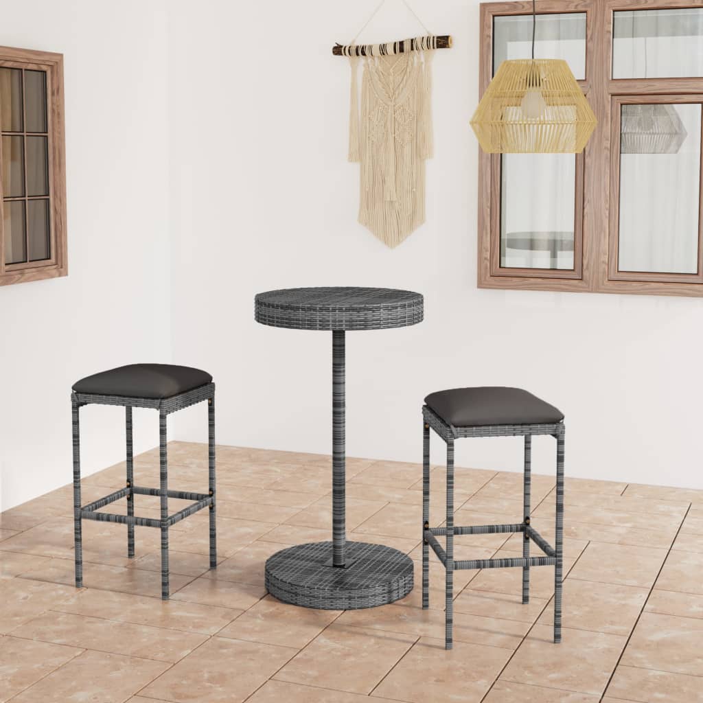 Set Bar Da Giardino 3 Pz Con Cuscini In Polyrattan Grigio