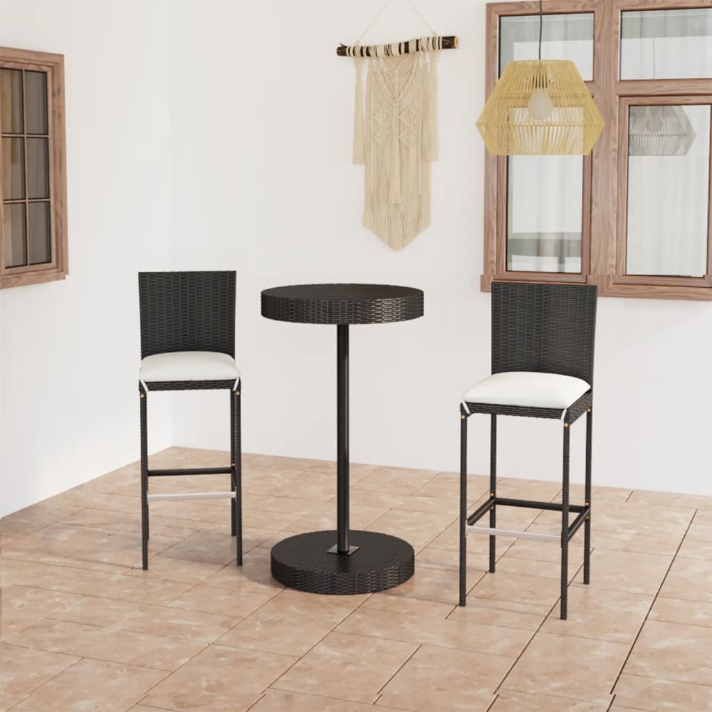 Set Bar Da Giardino 3 Pz Con Cuscini Polyrattan Nero