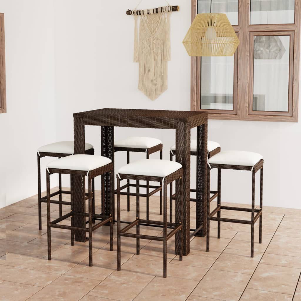 Set Da Bar Da Giardino 7 Pz Con Cuscini In Polyrattan Marrone