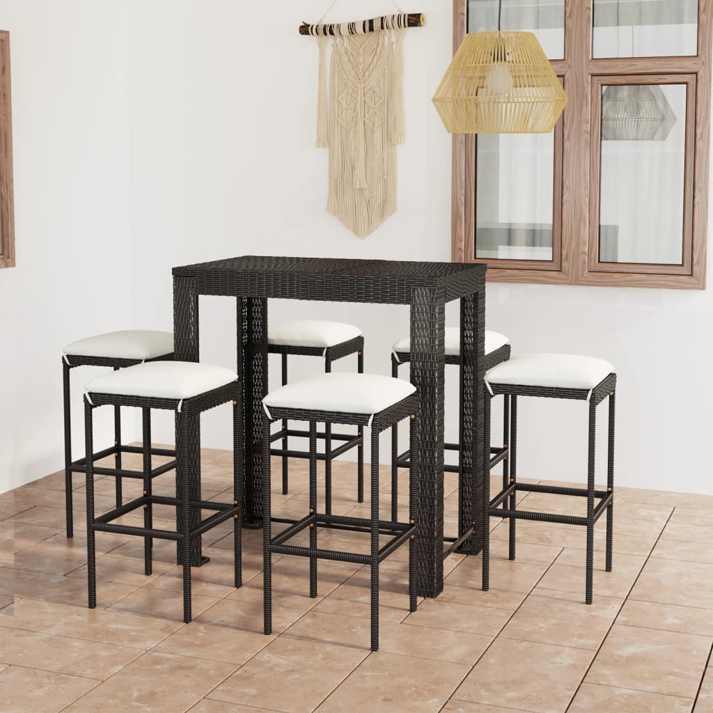 Set Bar Da Giardino 7 Pz Con Cuscini In Polyrattan Nero