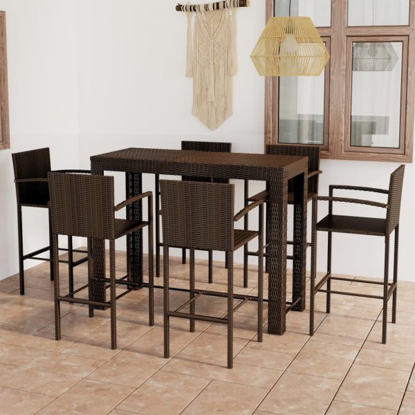 Set Bar Da Giardino 7 Pz Con Braccioli In Polyrattan Marrone