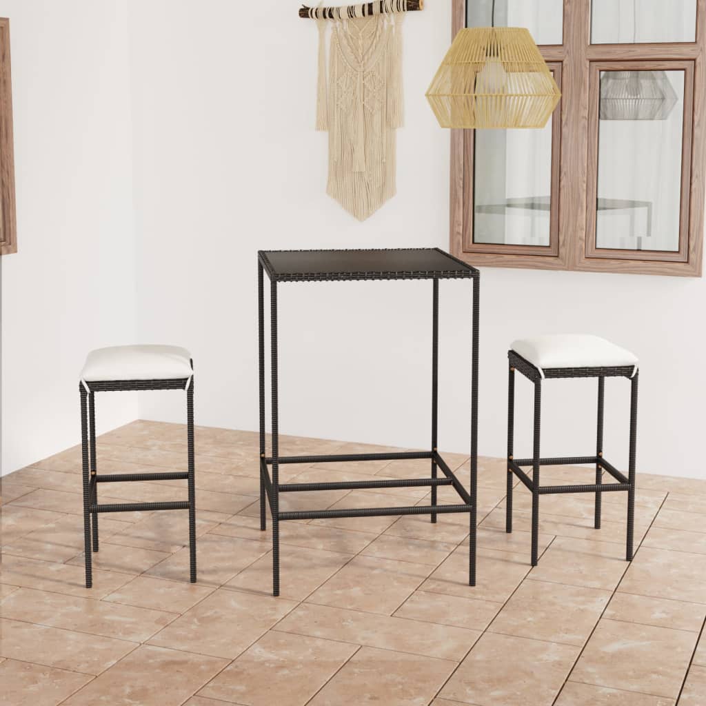 Set Bar Da Giardino 3 Pz Con Cuscini Polyrattan Nero
