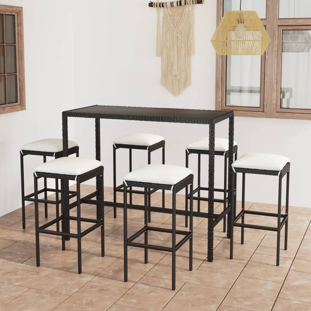 Set Bar Da Giardino 7 Pz Con Cuscini In Polyrattan Nero