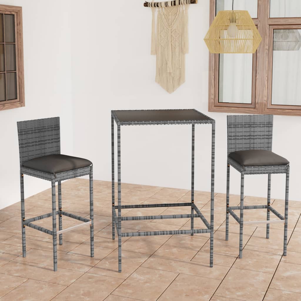 Set Da Bar Da Giardino 3 Pz Con Cuscini In Polyrattan Grigio