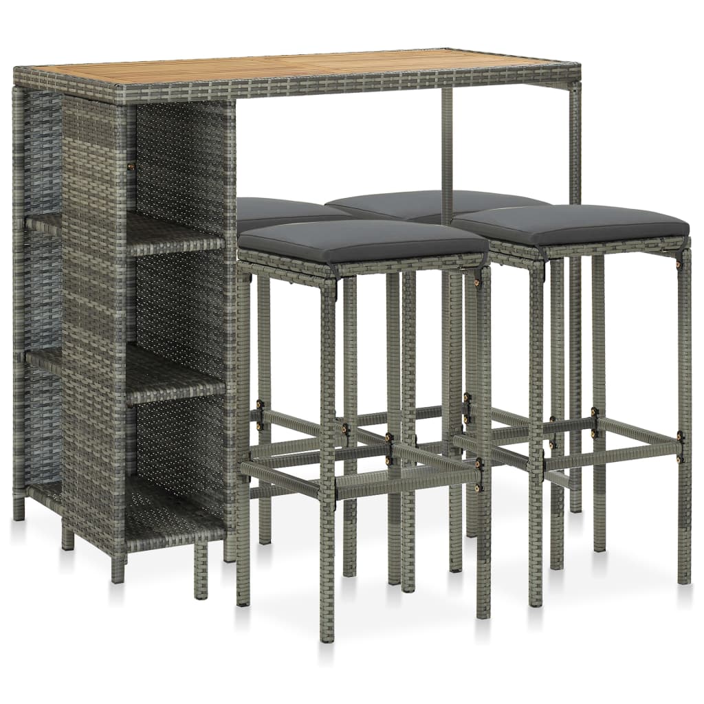 Set Da Bar Da Giardino 5 Pz Con Cuscini In Polyrattan Grigio