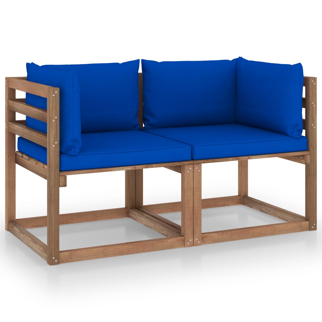Divano Da Giardino Pallet 2 Posti Con Cuscini Blu Legno Di Pino