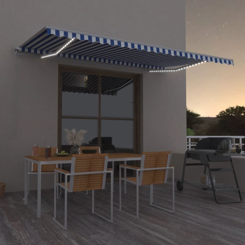 Tenda Da Sole Retrattile Manuale Led 500x350 Cm Blu E Bianca
