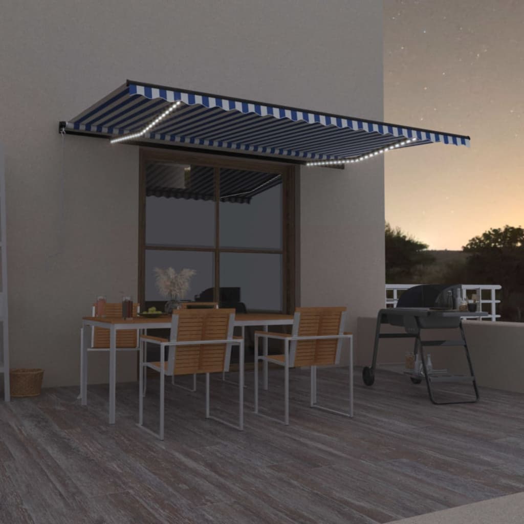 Tenda Da Sole Retrattile Manuale Con Led 500x300cm Blu E Bianco
