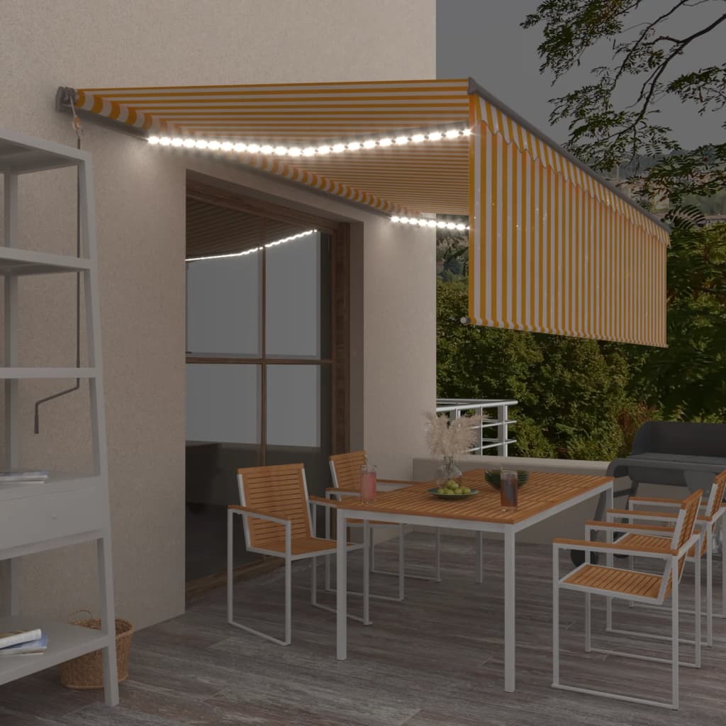 Tenda Sole Retrattile Manuale Parasole Led 5x3m Gialla Bianca