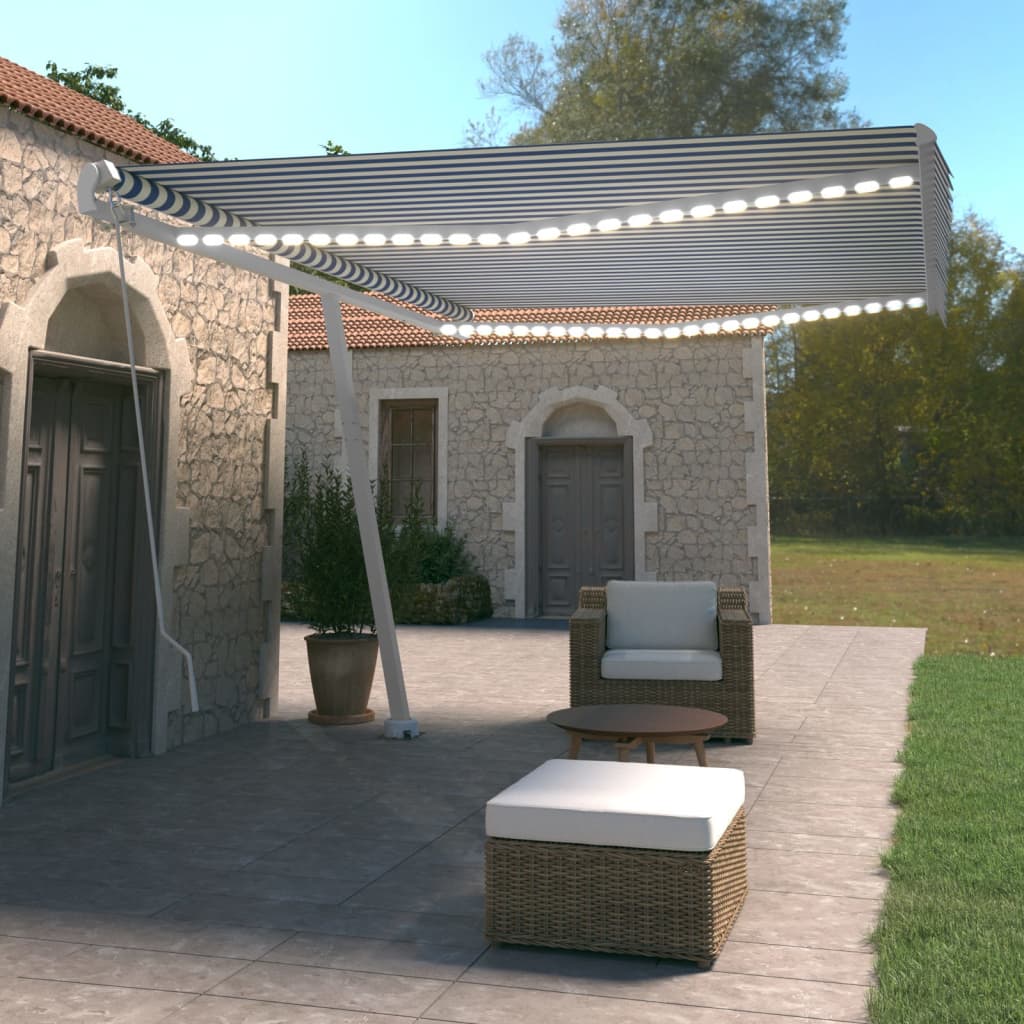 Tenda Da Sole Retrattile Manuale Led 500x350 Cm Blu E Bianca