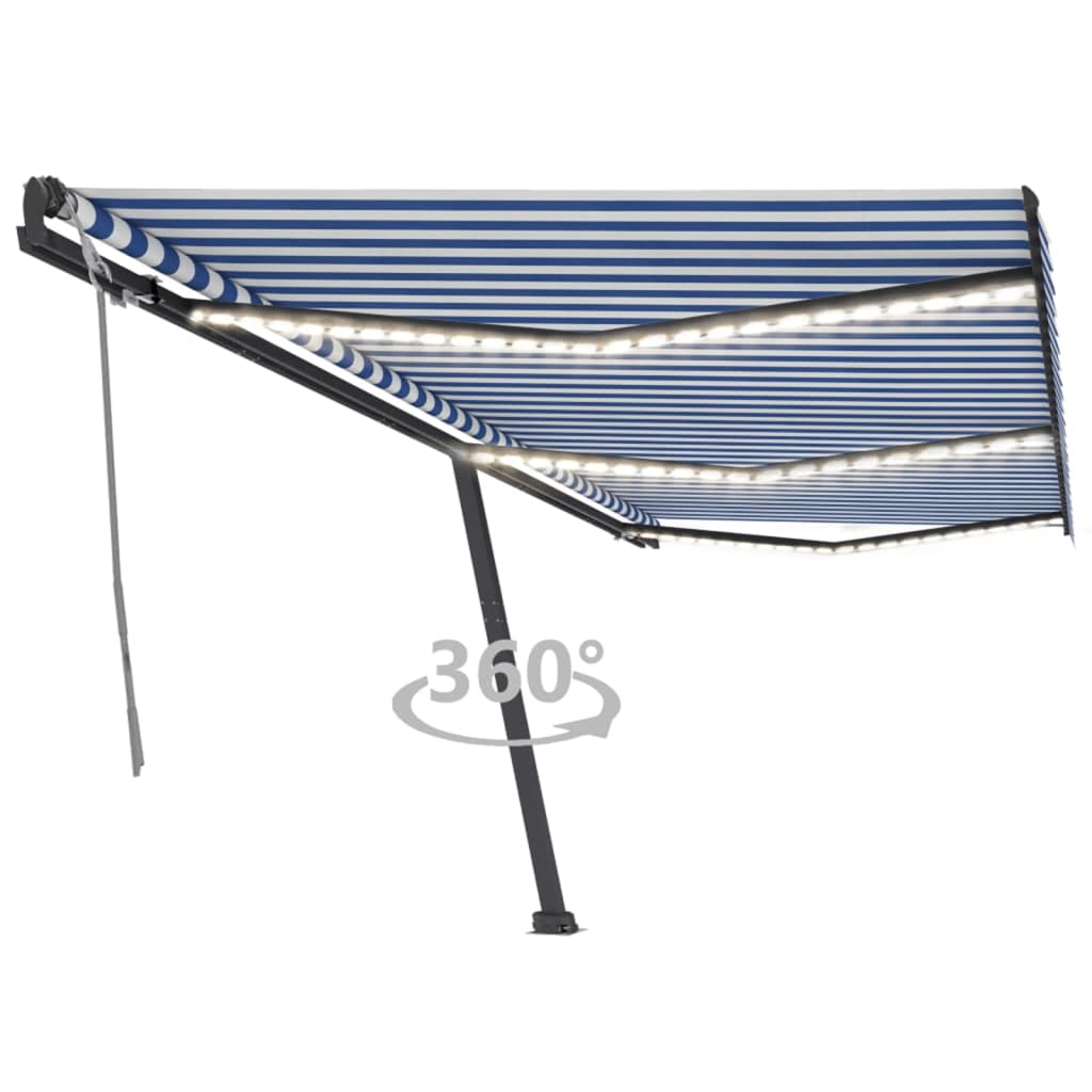 Tenda Da Sole Retrattile Manuale Con Led 600x300cm Blu E Bianco