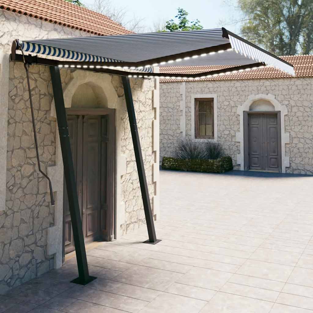 Tenda Da Sole Retrattile Manuale Con Led 3x2,5 M Blu E Bianco