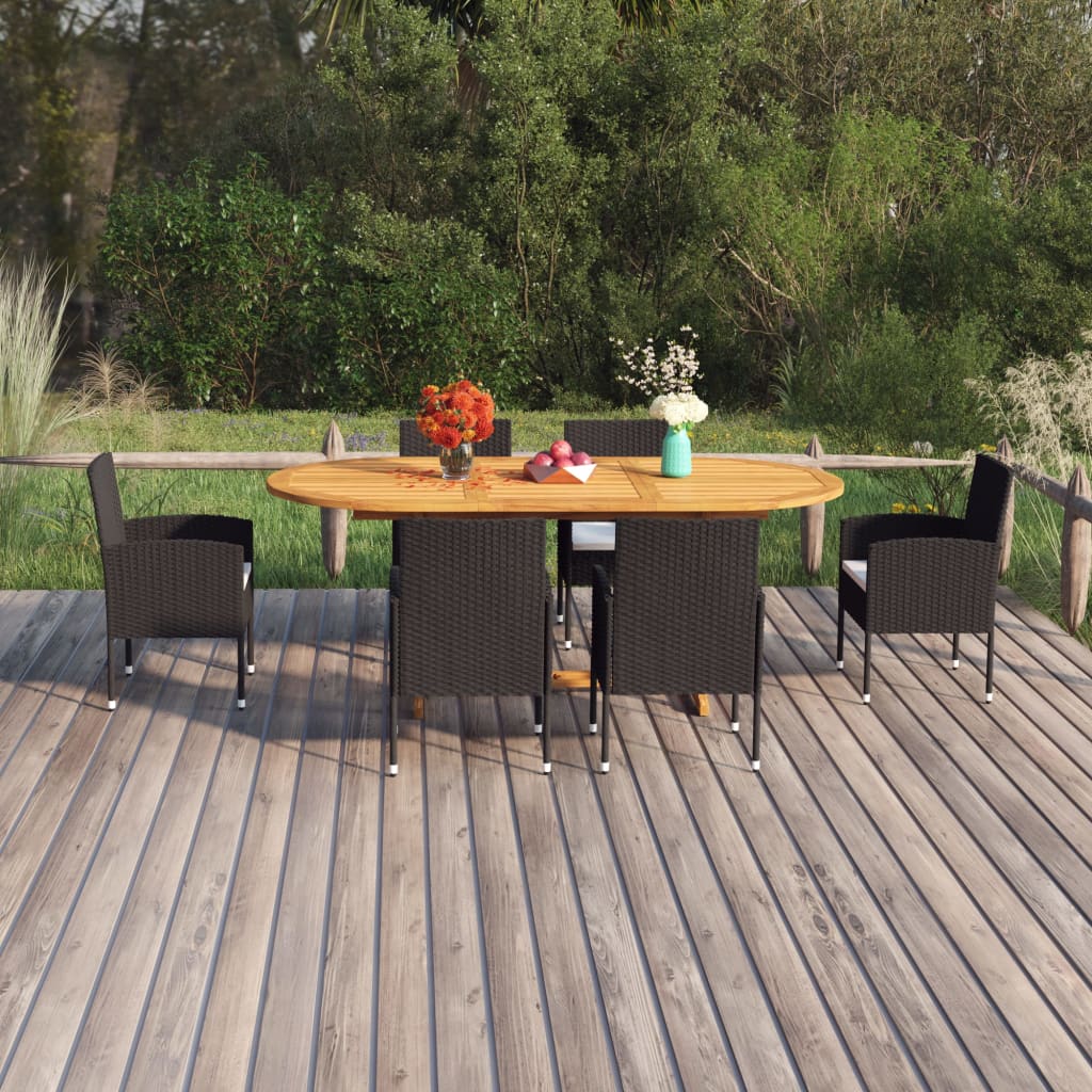Set Mobili Da Pranzo Per Giardino 7 Pz In Polyrattan Nero