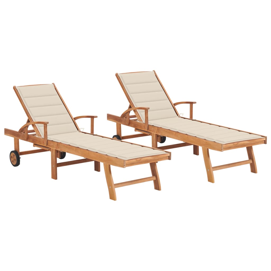 Sdraio 2 Pz Con Tavolo E Cuscino Crema Legno Massello Di Teak