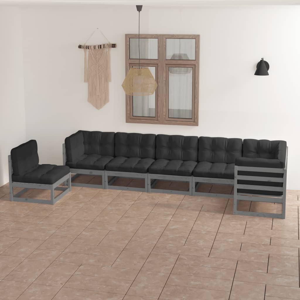Set Salotto Giardino 7 Pz Cuscini Antracite Legno Massello Pino