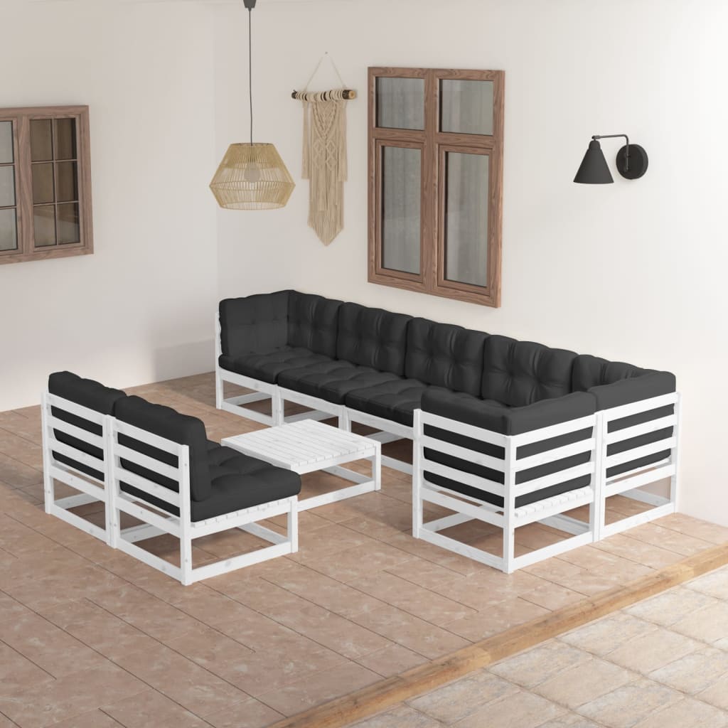 Set Salotto Giardino 9 Pz Cuscini Antracite Legno Massello Pino