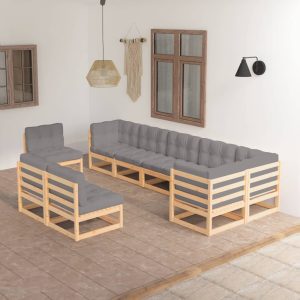 Set Salotto Giardino 9 Pz Cuscini Antracite Legno Massello Pino