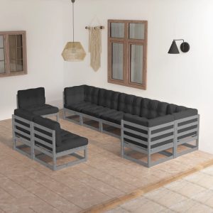 Set Salotto Giardino 9 Pz Cuscini Antracite Legno Massello Pino