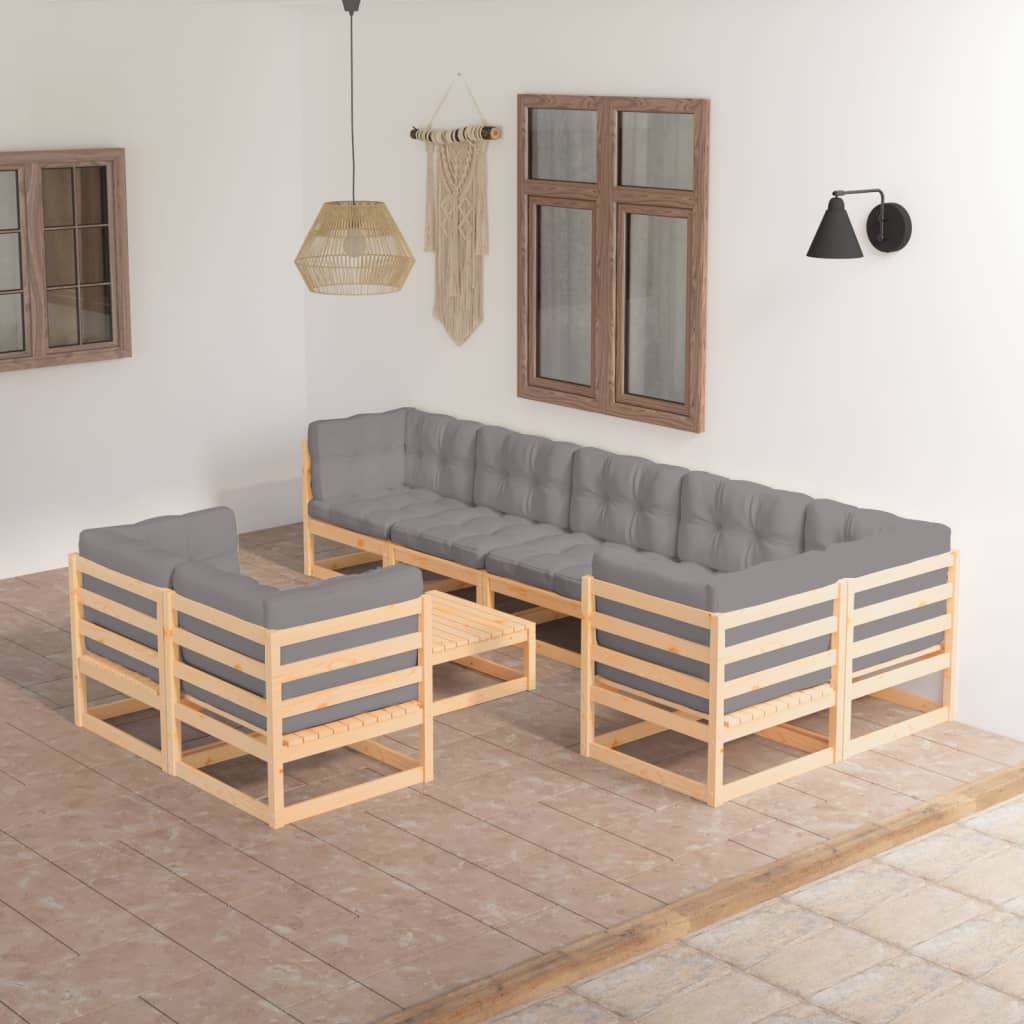 Set Salotto Giardino 9 Pz Cuscini Antracite Legno Massello Pino