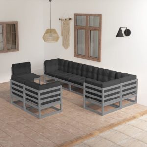 Set Salotto Giardino 9 Pz Cuscini Antracite Legno Massello Pino
