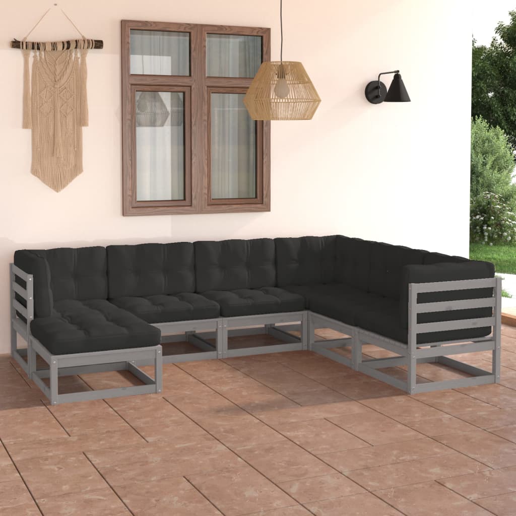 Set Salotto Giardino 7 Pz Cuscini Antracite Legno Massello Pino