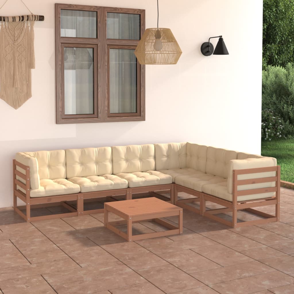 Set Salotto Giardino E Cuscini 7 Pz Legno Massello Pino Ambra