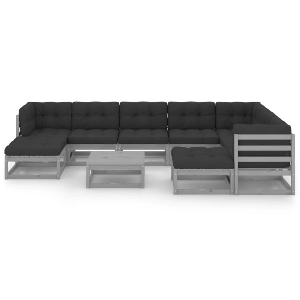 Set Divani Da Giardino 10pz Con Cuscini Grigio Massello Di Pino - Image 2