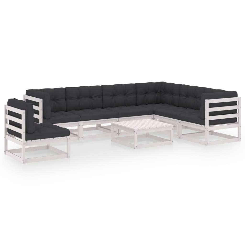 Set Salotto Giardino 8pz Con Cuscini Bianco Legno Massello Pino