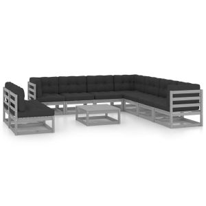 Set Divani Da Giardino 10pz Con Cuscini Grigio Massello Di Pino