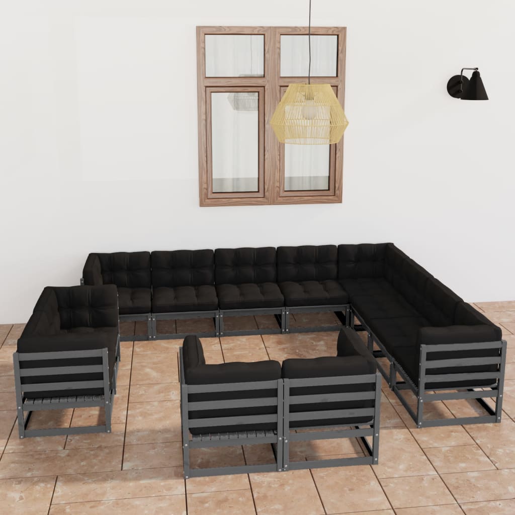 Set Divani Da Giardino 12pz Con Cuscini Grigio Massello Di Pino