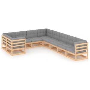 Set Salotto Giardino 9 Pz Cuscini Antracite Legno Massello Pino